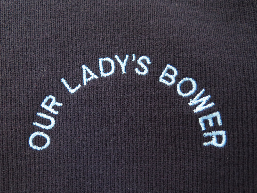 OUR LADY'S BOWER <BR>
Crested Round Neck Acrylic Jumper <BR>
Navy <BR>
