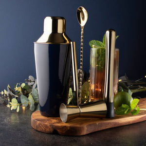 TAYLORS EYE WITNESS <BR>
Four Piece Deco Blue & Gold Cocktail Shaker Set <BR>