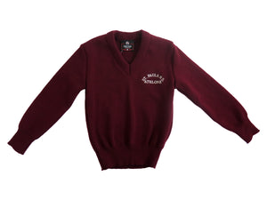 ST. PAULS NS <BR>
Acrylic V Neck Jumper <BR>
Crested Wine <BR>