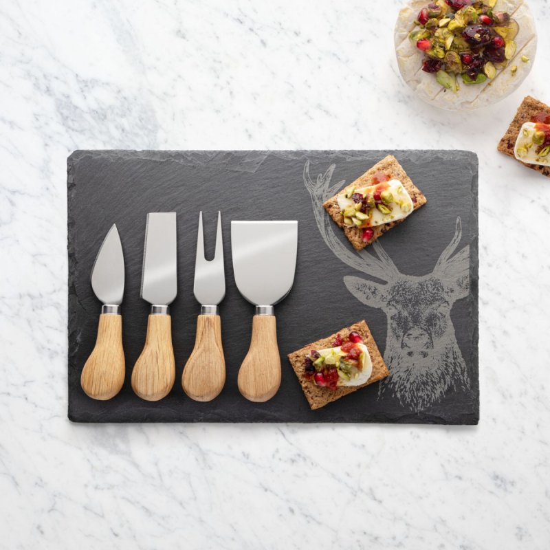 TAYLORS EYE WITNESS <BR>
Four Piece Oak Cheese Knife & Stag Design Slate Cheese Board Set <BR>